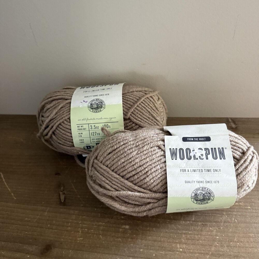 Rare Lion Brand Yarn Woolspun Discontinued Color 123/taupe Lot Of 2